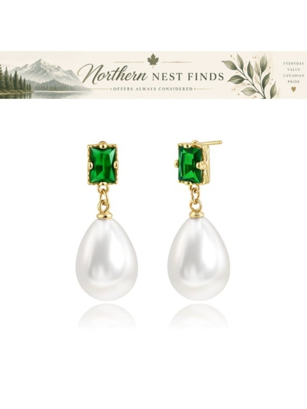 14K Gold Plated Emerald Teardrop Pearl Dangle Earrings Vintage Style Gift
